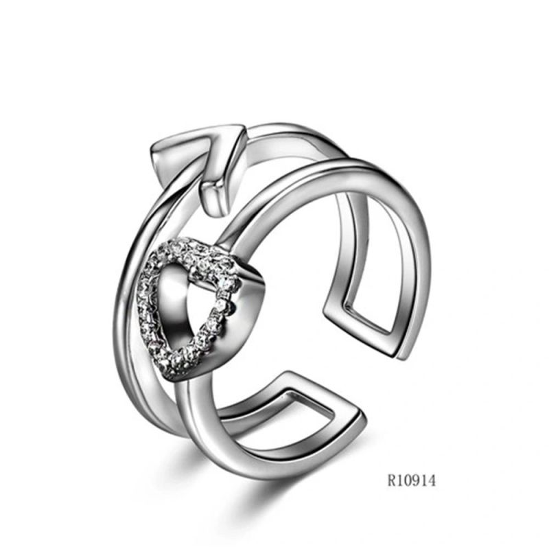 Double-Layer Heart Silver with CZ Open Ring