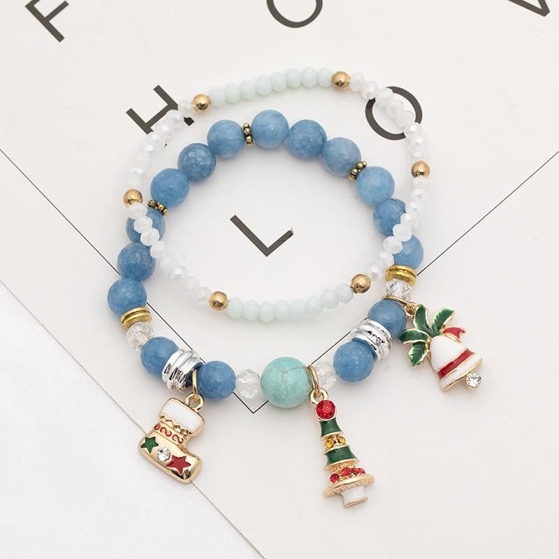 Most Welcome Christmas Gift Jingle Bells Snowman Double Layers Elastic Bracelets Christmas Trees Santa Claus Beaded Bracelets