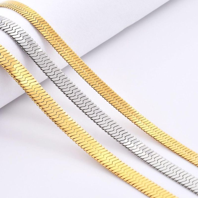 Popular Fashion Jewelry Skin-Friendly Stainless Steel Gold Plated Flat Herringbone Chain Bracelet Choker Layering Necklace