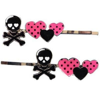 Black Enameled Metal Alloy Skull Hairclip and Heart Hairpin for Children&prime; S Halloween Gifts