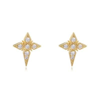 Latest Design Gold Plated 925 Sterling Silver CZ Diamond Religious Classic Cross Stud Earrings