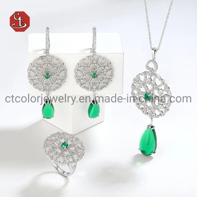 Antique Heart Shape Set Jewelry Emerald Color Cubic Zirconia Stones Ring JewelleryFactory Price Silver Ring