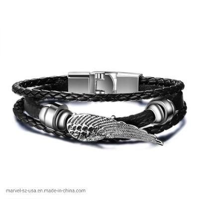 Promotion Gift Feather Black Leather Bracelet Fashion Jewelry