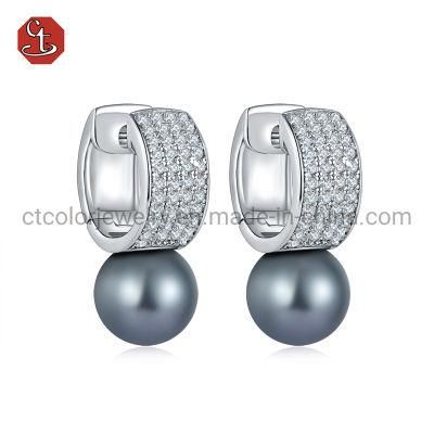 Fashion women Jewellery 925 Silver Circle Simple Black Freshwater Pearl Stud Earrings