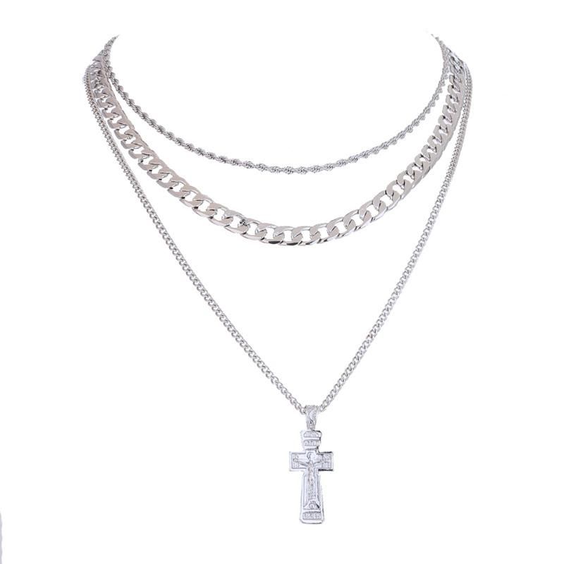 Manufacture Simple Chic Chain Necklace with Metro Styling Cross Pendant Necklace Chunky Curb Chain Necklace Wheat Chain Necklaces in Rhodium Finish