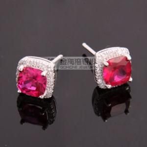 New Fashion Rhodium Plated Jewelry Princess Cut Ruby Stone Ear Stud Earring