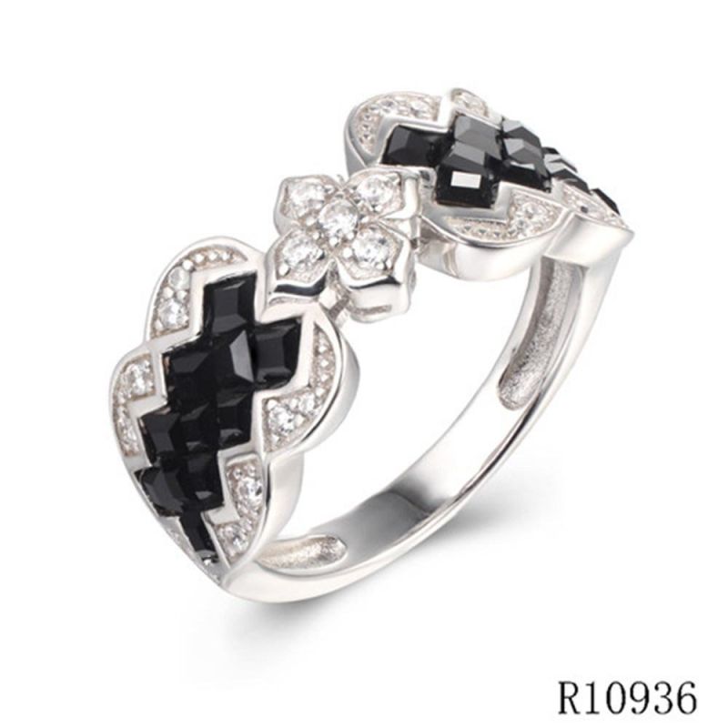 Flower Mosaic Style Silver with CZ Black and White Ring