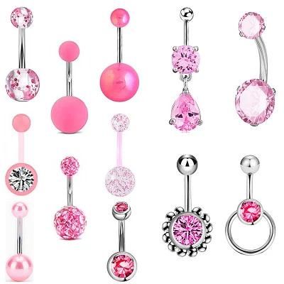 12PCS Belly Button Rings 316L Surgical Steel 14G CZ Navel Rings Barbells Studs Women Girls Body Piercing Jewelry (Silver/Pink)