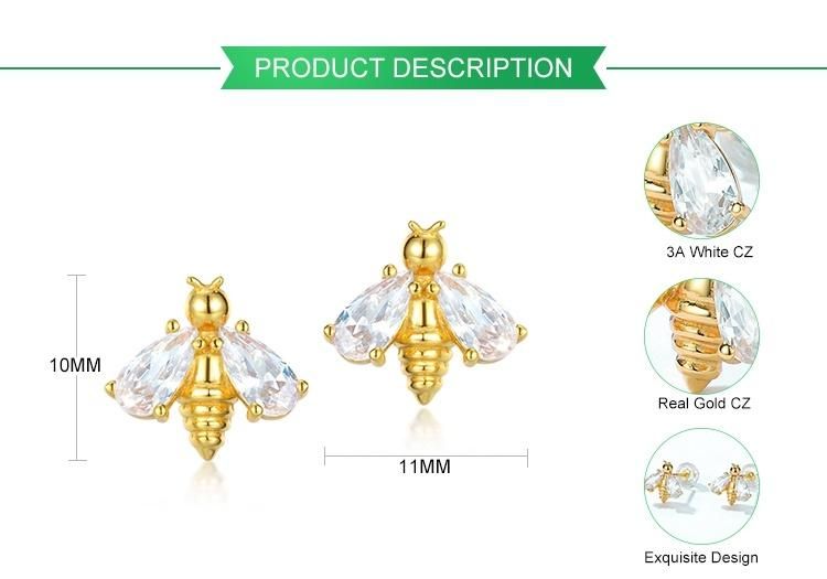 Factory 925 Sterling Silver Summer Jewelry Real Gold Plating Bumblebee Cute Bee CZ Earrings Studs for Women