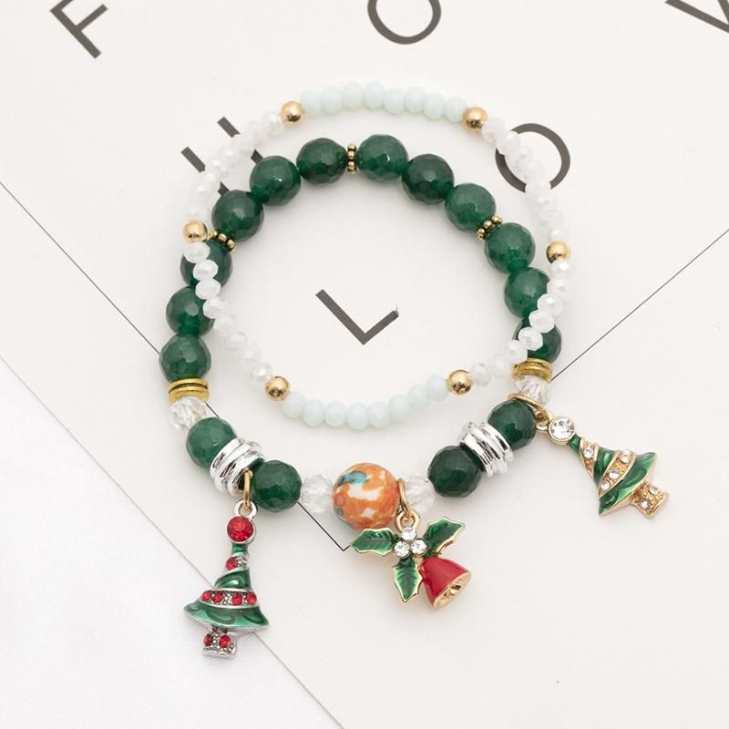 Most Welcome Christmas Gift Jingle Bells Snowman Double Layers Elastic Bracelets Christmas Trees Santa Claus Beaded Bracelets