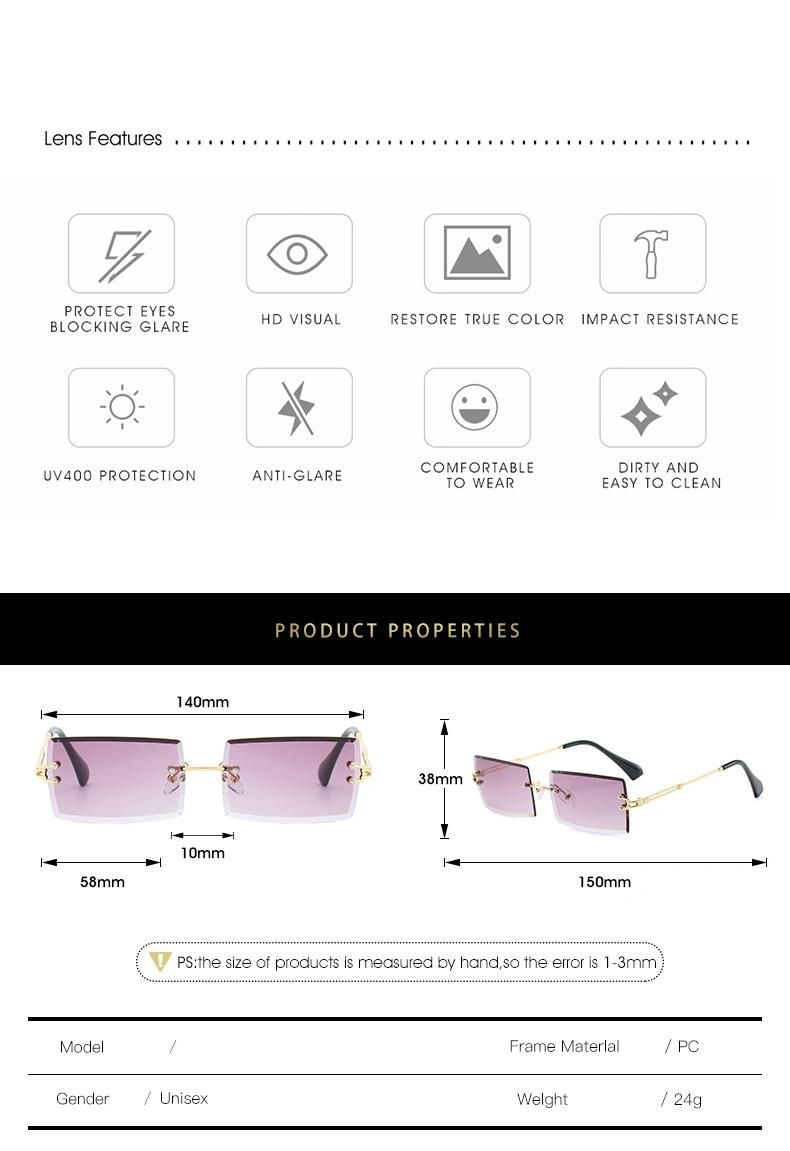 Small Rimless Sun Glasses Square Eyewear Women Sunglasses Metal High Quality Sunglasses 2022