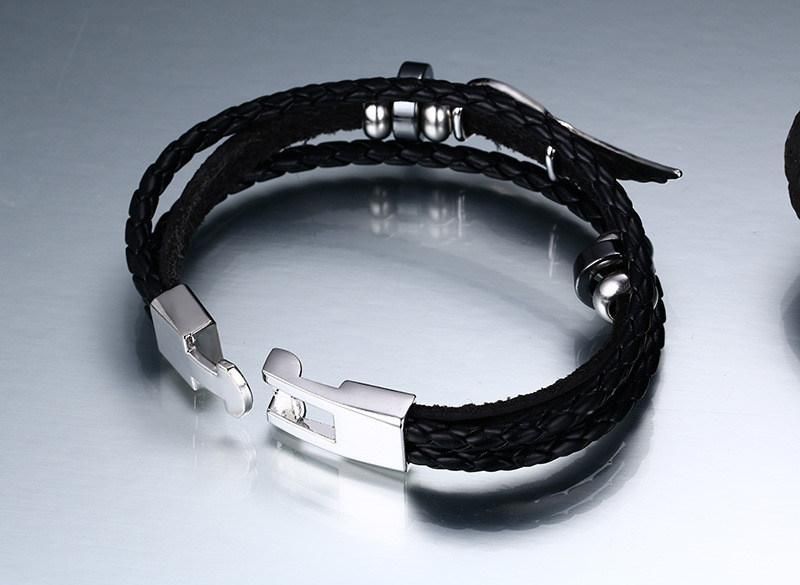 Promotion Gift Feather Black Leather Bracelet Fashion Jewelry