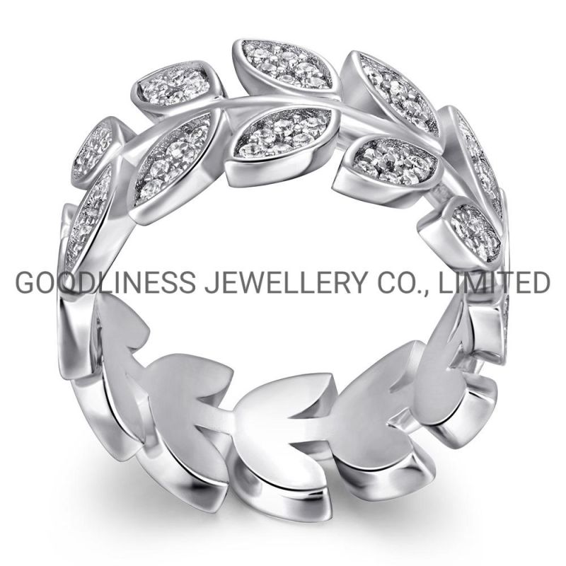 925 Sterling Silver Women CZ Leaves Rings Fashion Jewelry