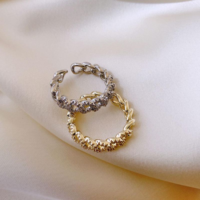 Real 18K Gold Plated Rhinestone Chunky Chain Finger Open Ring Pave Diamond Adjustable Chain Rings