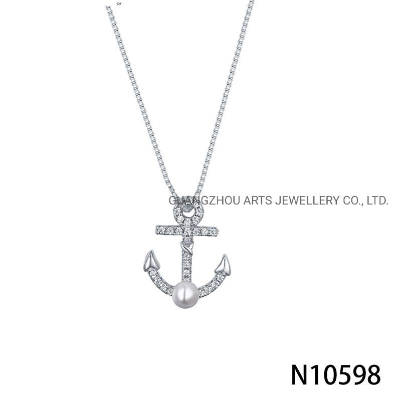 White Cubic Zircons Over Sterling Silver Rhodium Plating Crown Necklace