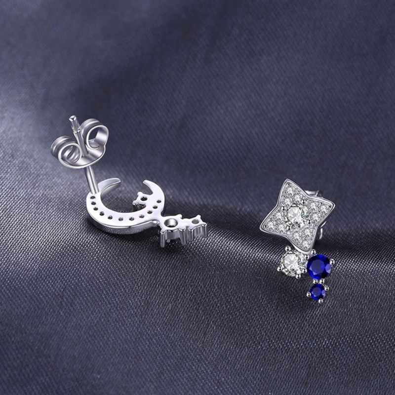 Moon and Star Created Blue Sapphire Asymmetric Studs Earrings Sterling Silver Jewelry