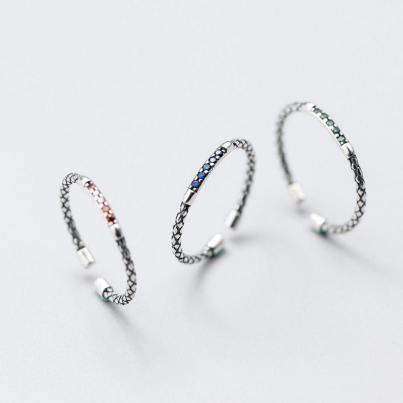 Trendy Serpentine Adjustable Rings with Red Blue White Zircon Real 925 Sterling Silver Ring Fashion Jewelry