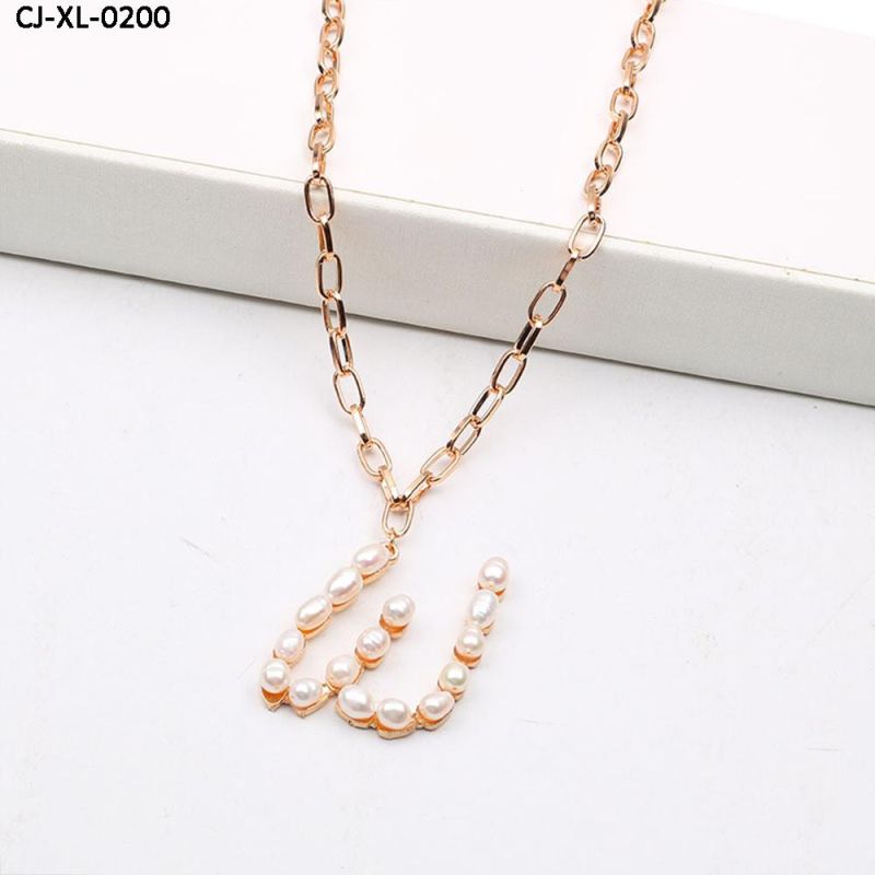 Fashion Jewelry Gold-Plated Thick Chain Pearl Letter 26 Alphabet Pendant Necklace