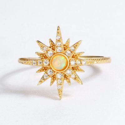 Hot Sale Fashion Women Gold Vermeil Created Jewelry Sun Star 925 Silver Synthetic Opal Ring