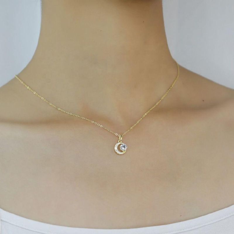 925 Sterling Silver Fashion Zircon Moon Pendant Clavicle Chain Necklace for Women Shiny High-End Wedding Jewelry