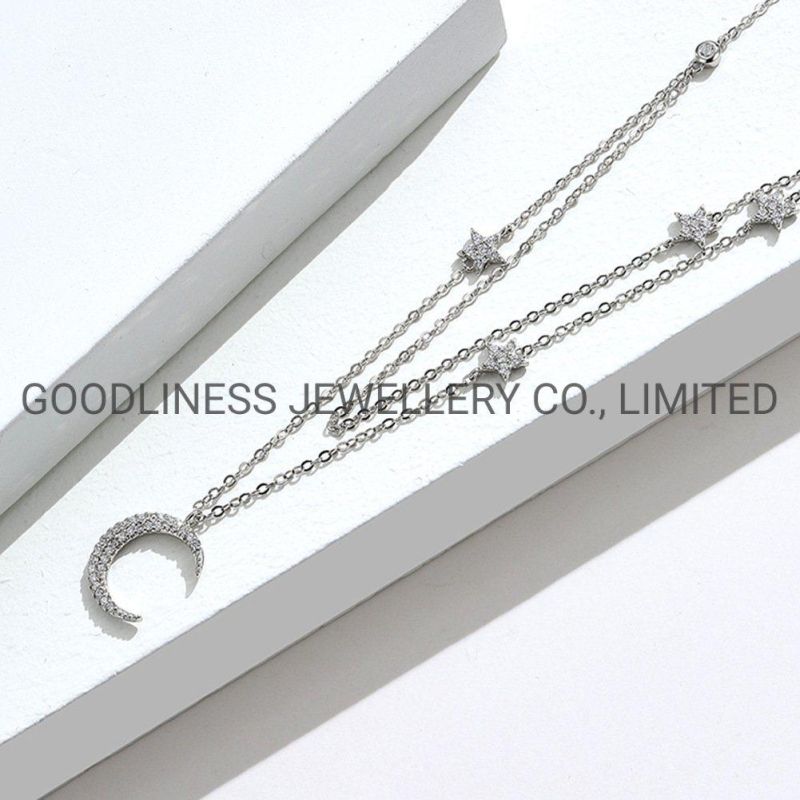 Fine 925 Sterling Silver Moon and Star Multi-Layer Necklace