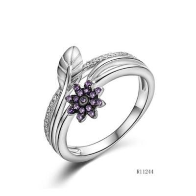 Leaf &amp; Flower Sterling Silver with Color Stones Ring