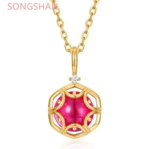 Rubby and Crystal Double Stone Pendant Necklace S925 Sterling Silver Gold Plated Jewelry