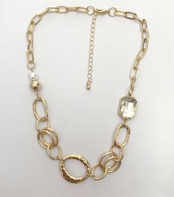Big Oval Hammered Alloy Circles Statement Crystal Rectangle Stone Link Chain Necklaces with Pearls for Women