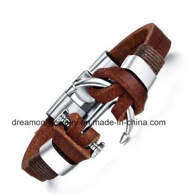 Fashion Stainless Steel Anchor Bracelet, Smart Bracelet with Brown Leather, Leather Bracelt for Men