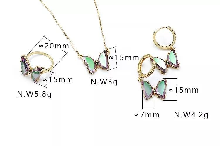 18K Gold Plated Butterfly Ring Earring and Necklace Glass Butterfly Jewelry Set