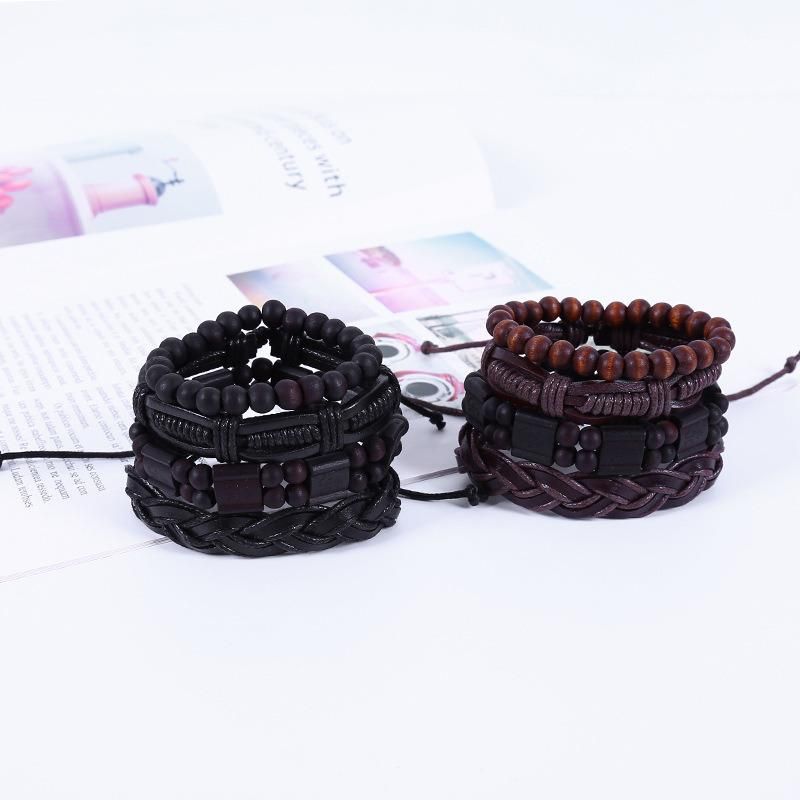 Leather Cuff Bracelet for Men and Women Punk Rock Braided Bracelet Via Brown Black Wristband Handmade Jewelry 4 Piece