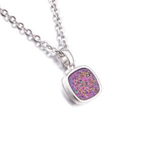 Wholesale Stainless Steel Druzy Quartz Gemstone Square Shape Crystal Necklace