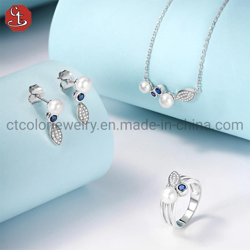 925 sterling silver Shell  Pearl Blue sapphire Jewelry Set for women