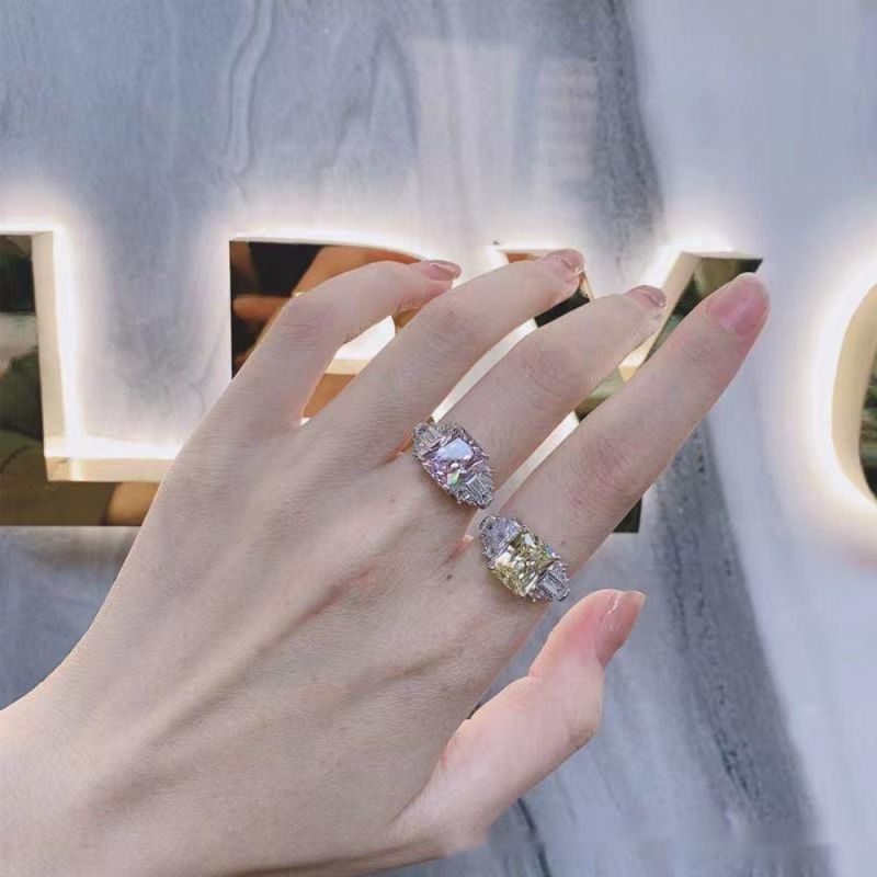 Women Ring 925 Sterling Silver Pink Iced-out Cut 8X10 mm Weeding Jewelry Ring Silver