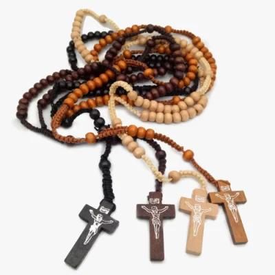 Catholic Rosary Necklace Wood Beads Handmade Cross Necklace