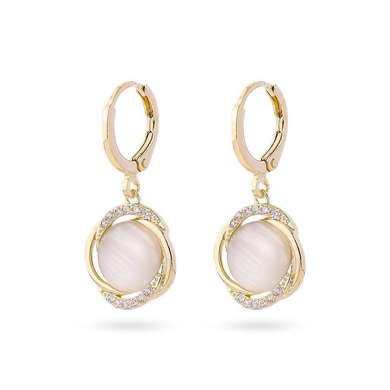 Factory Wholesale Korean Stylish Design Interlocking Circle with Smooth Round Cat Eye Crystal Pave Glass Drop Hoop Huggie Earrings for Female