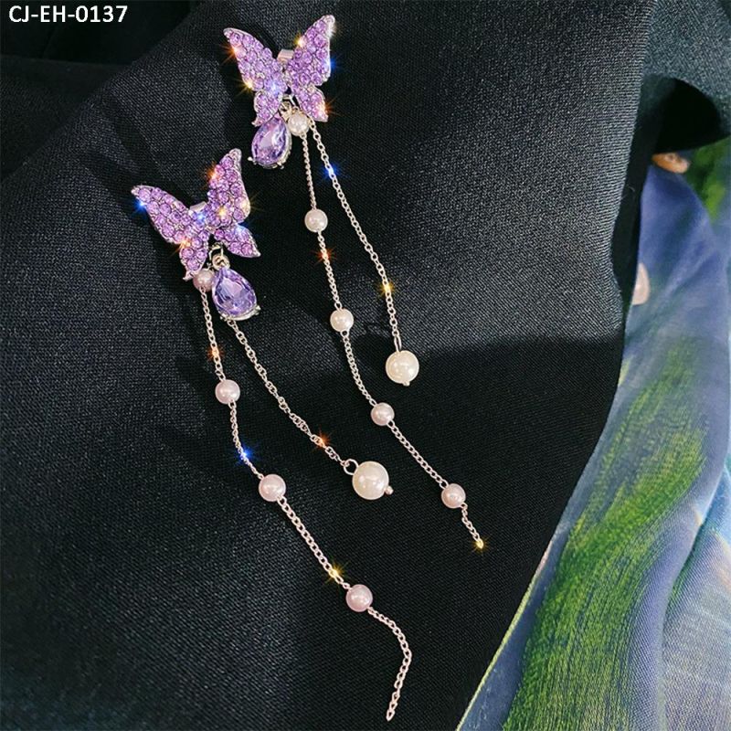 925 Silver Earrings Needle Women High Sense Crystal Purple/Colorful White Sparkling Butterfly Tassel Diamond Long Earrings