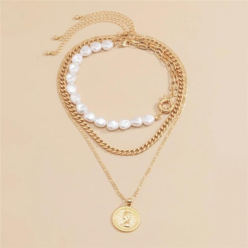 Manufacture 18K Gold Plated Multiple Necklace Pearl Ot Lock Clasp Necklace Head Coin Pendant Necklace Curb Chain Necklace for Women Party Gift