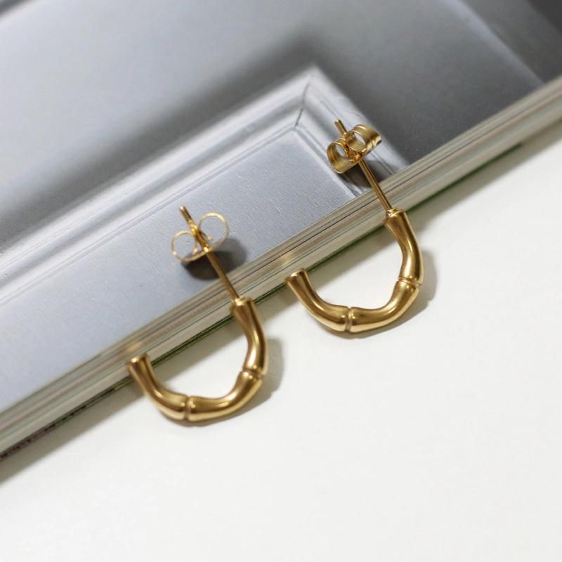 Fashion Vintage Bamboo Knots Stainless Steel 18K Gold Circle Stud Earrings