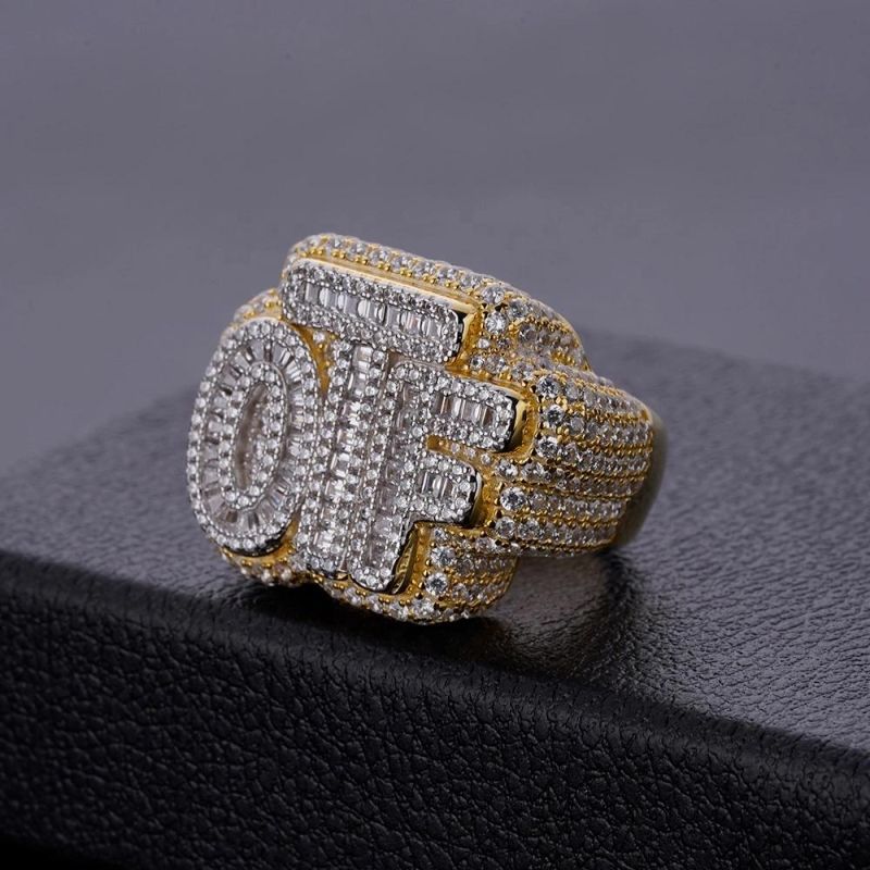 Wholesale Rapper Hip Hop Punky Two Tone Color Iced out CZ Baguette Letter Ring