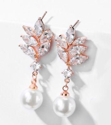 Bridal Dangle Pearl CZ Earring, Wedding Dangle Pearl CZ Earring Jewelry, Rose Gold Earring