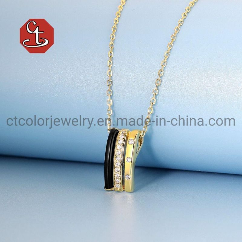 Fashion Custom Jewellery 925 Sterling Silver Gold Plated Black Enamel Rings Earring Necklace Jewelry Set