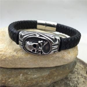 Custom Made Stainless Steel Skull and Bones Leather Braided Bracelets