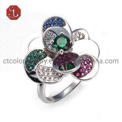 Fashion Colorful CZ Jewelry Flower Silver Ring with Two Tone