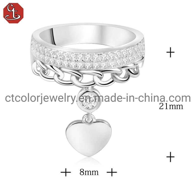 Fashion Jewelry Crown Drop Heart 925 Silver Cubic Zirconia Ring