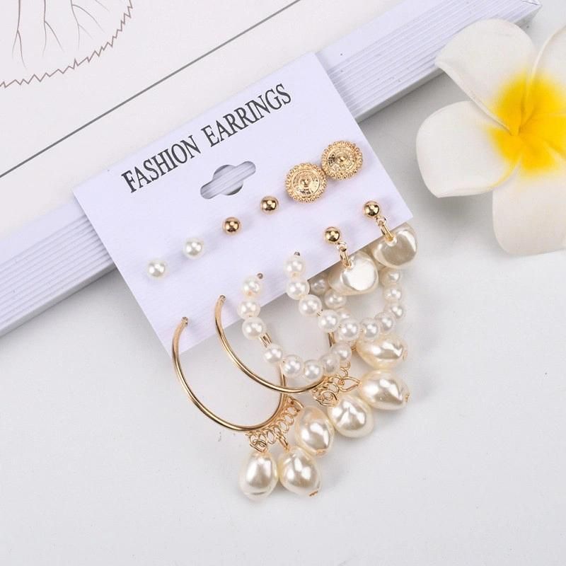 6 Pairs Round Ccb Pearl Alloy Coin Studs Organic Irregular Oval Dangling Pearl Drop Hoop Earrings for Fashion Women Set Jewelry