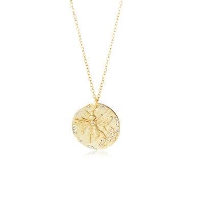 Dropshipping jewellery Gold Vermeil Disc Medallion Honey Round Pendant Gold Bee Coin Necklace