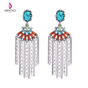 Bohemian Ethnic Elegant Personal Crystal Studded Alloy Chain Tassel Earrings