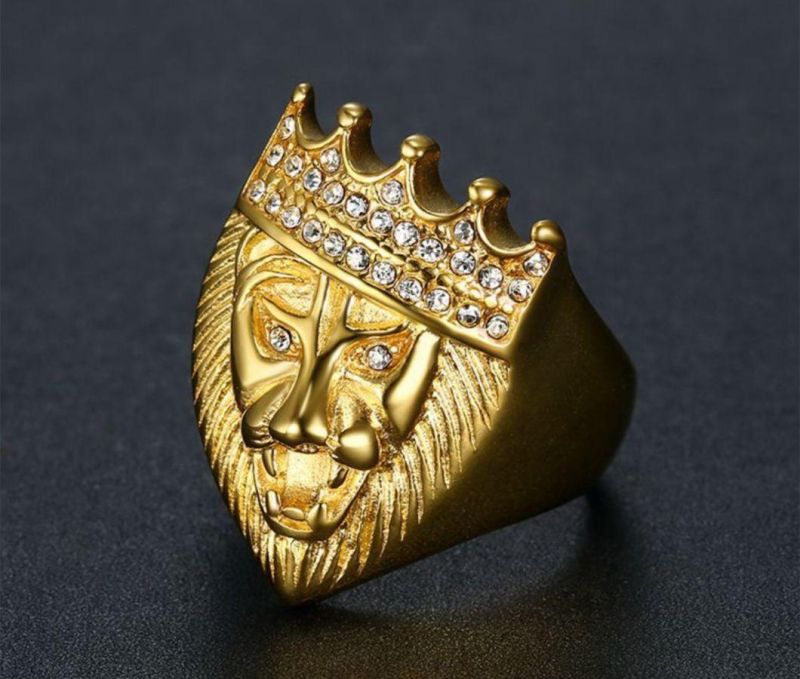 Explosion Hip-Hop Hip Hop Stainless Steel Gold-Plated Rhinestone Crown Lion Head Ring for Men Sgmr2623