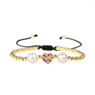 2021 Fashion Heart Charm AAA Zircon Fresh Water Pearl Ajustable Bracelet